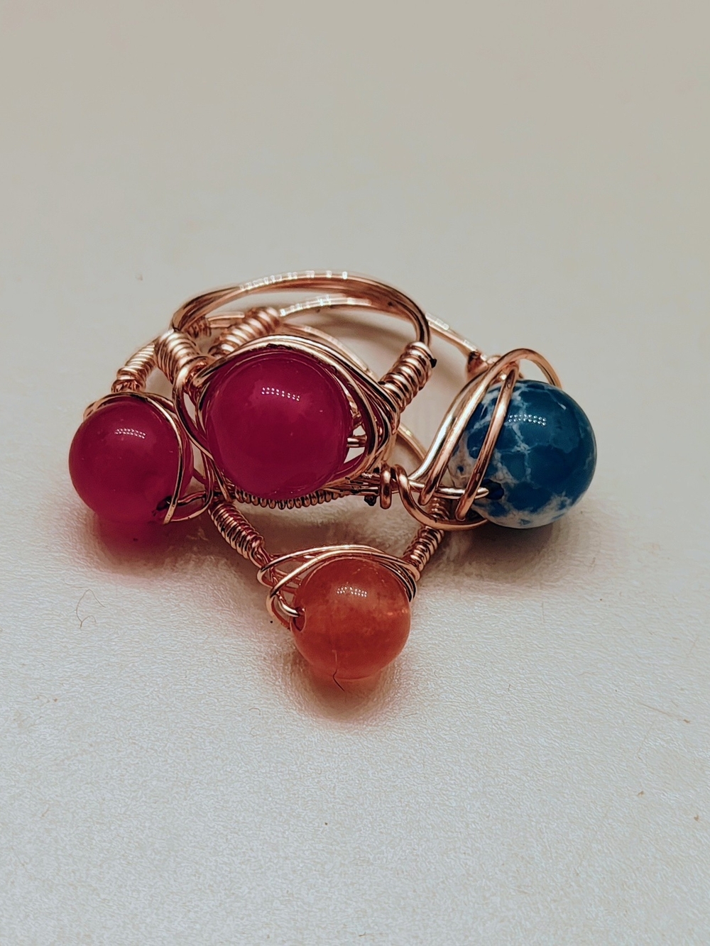 Handmade Wire-Wrapped Beaded Rings in Red, Orange & Blue